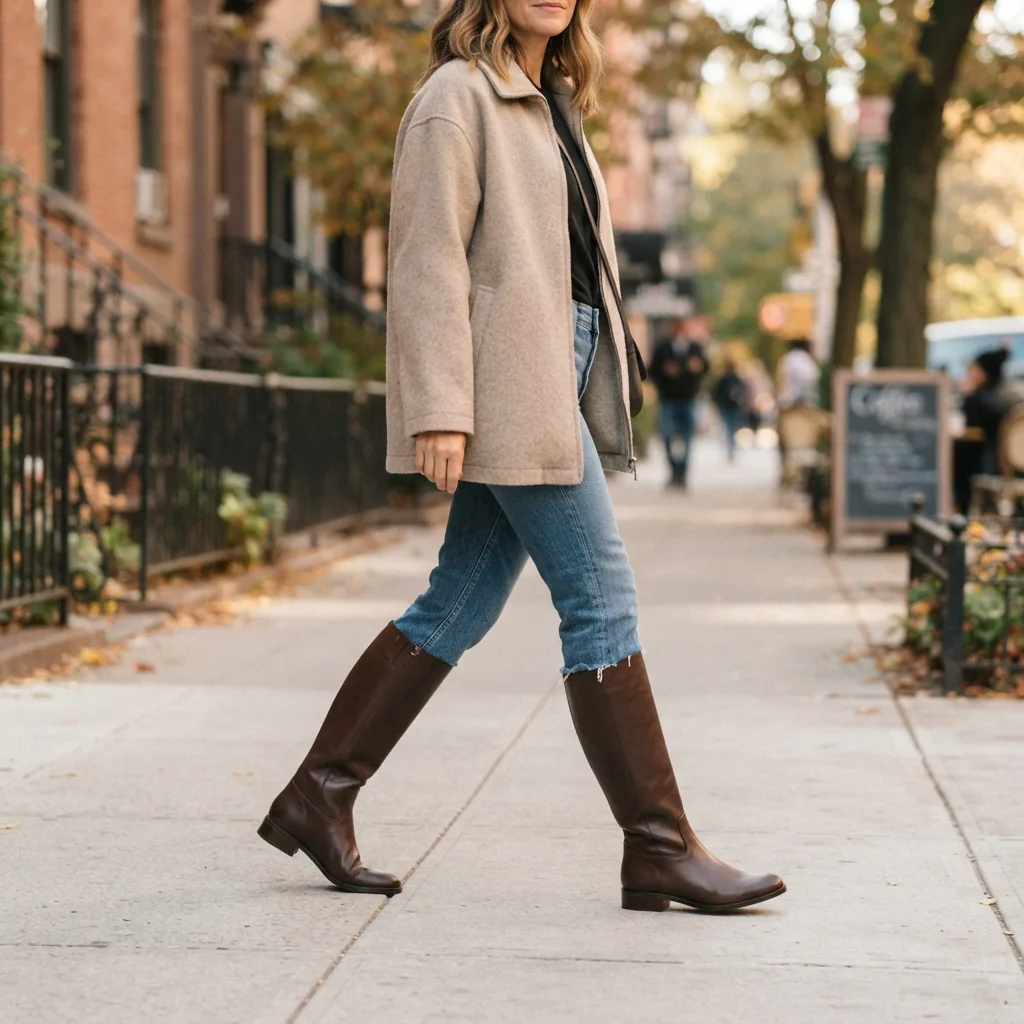 Adult walking on a city sidewalk wearing unbranded knee high boots with cropped jeans