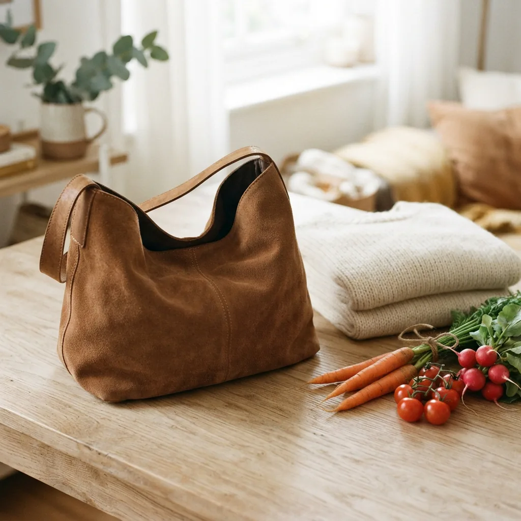 Relaxed casual handbag with a sweater and market produce arranged nearby on a neutral surface