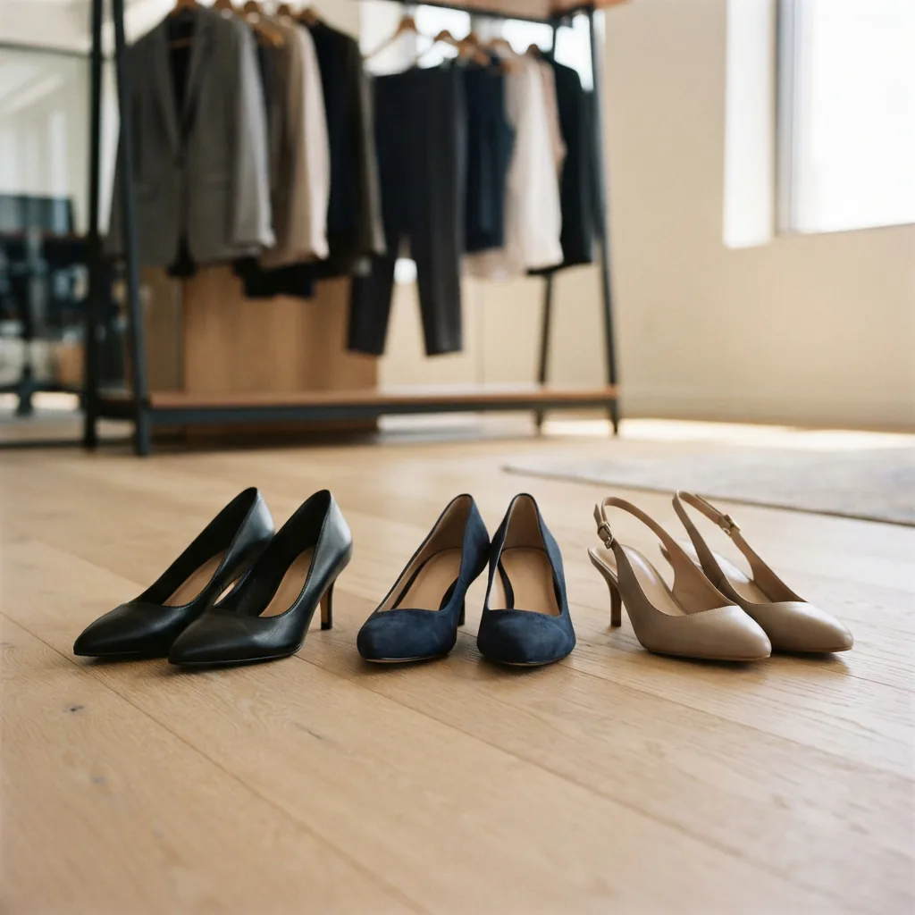 Three kitten heels lined up on a light floor with a blurred clothing rack behind
