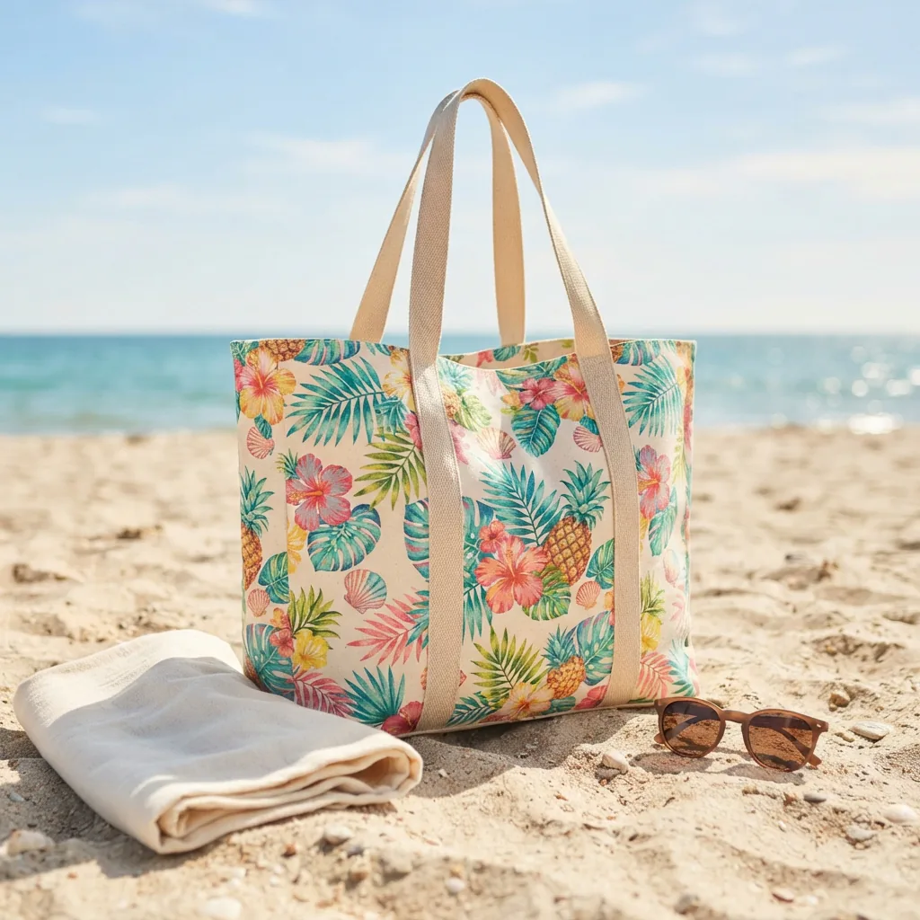 Spacious canvas beach tote with long straps beside sunglasses and a towel