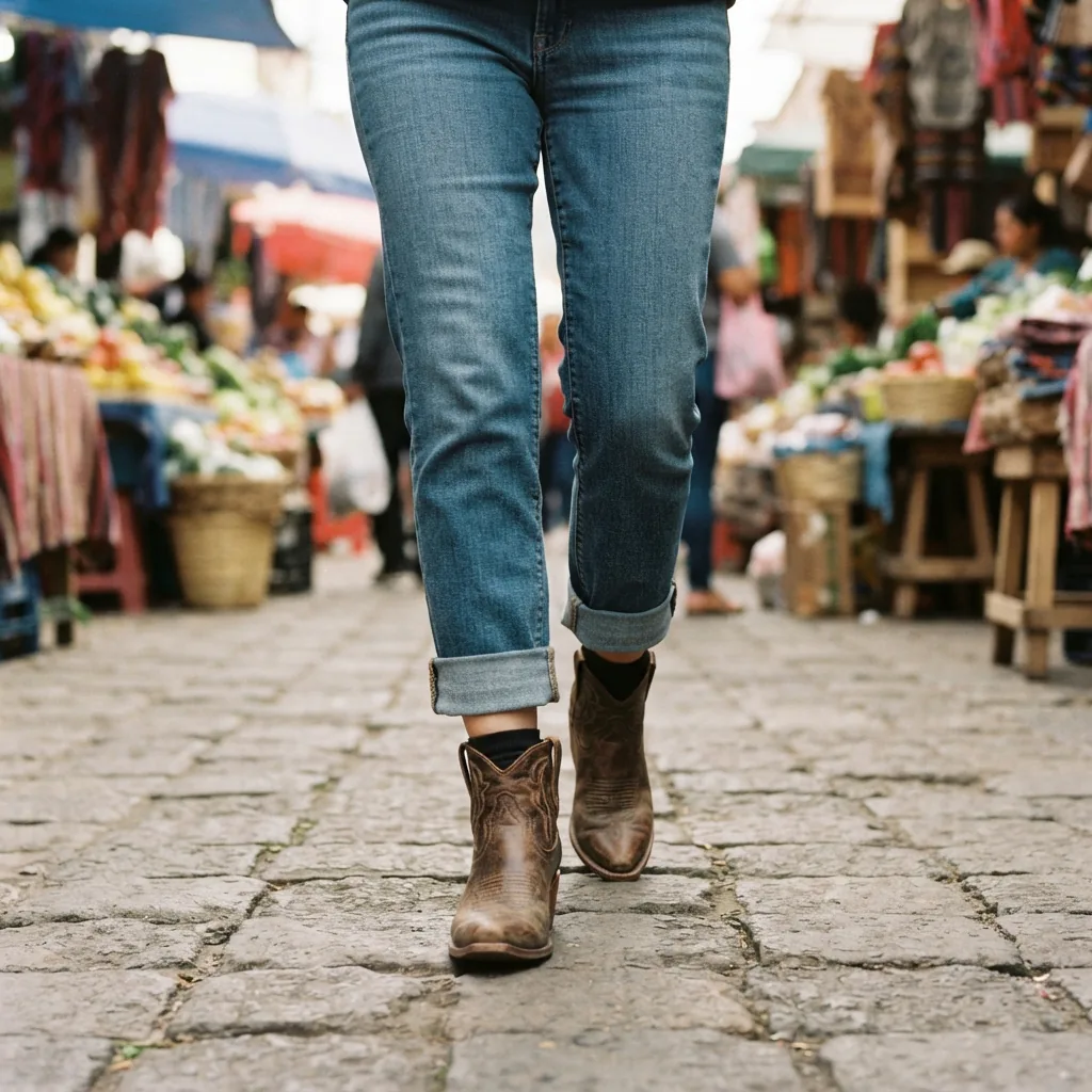 Western booties worn with jeans during a casual weekend market walk