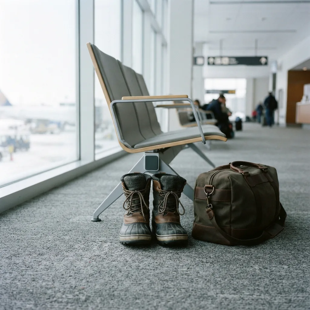 Snow boots and a weekender bag beneath a chair in a bright boarding area