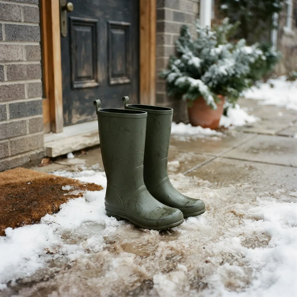 Insulated rain boots standing in slushy snow near a doorway