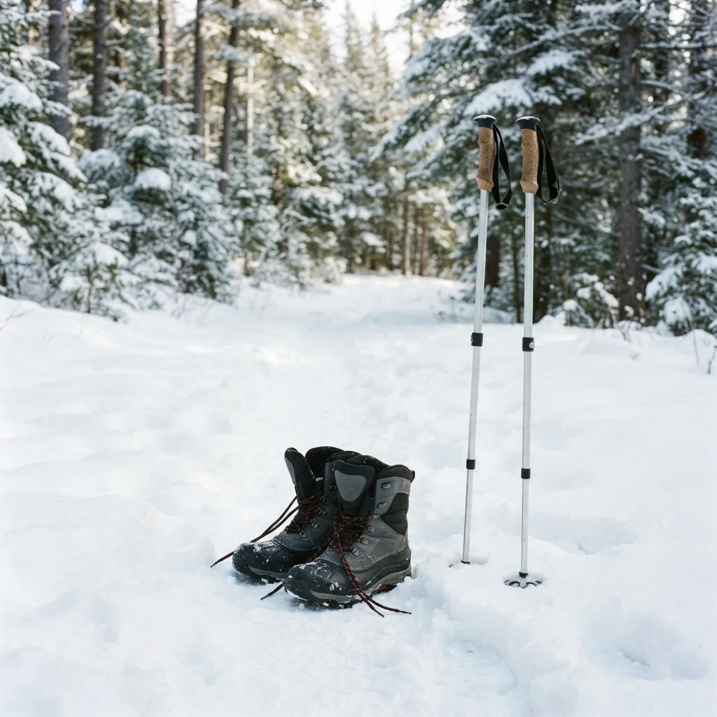 Snow boots and trekking poles at the start of a snowy trail