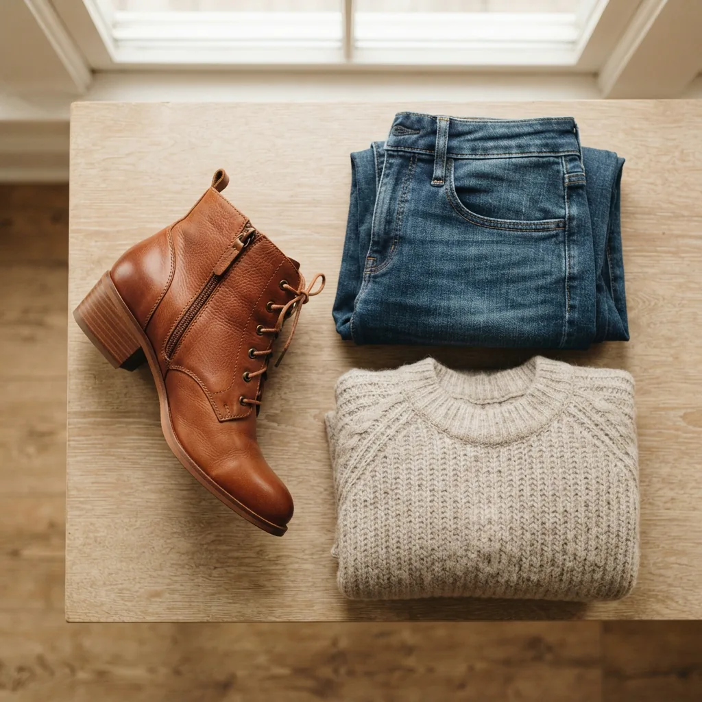 A women's bootie arranged beside folded denim and a knit sweater on a flat surface