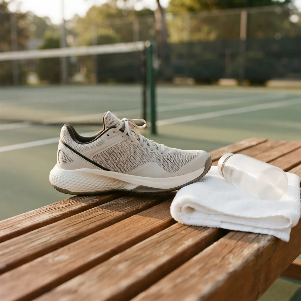 Cushioned performance tennis shoe shown alone beside a towel and water bottle on a court bench