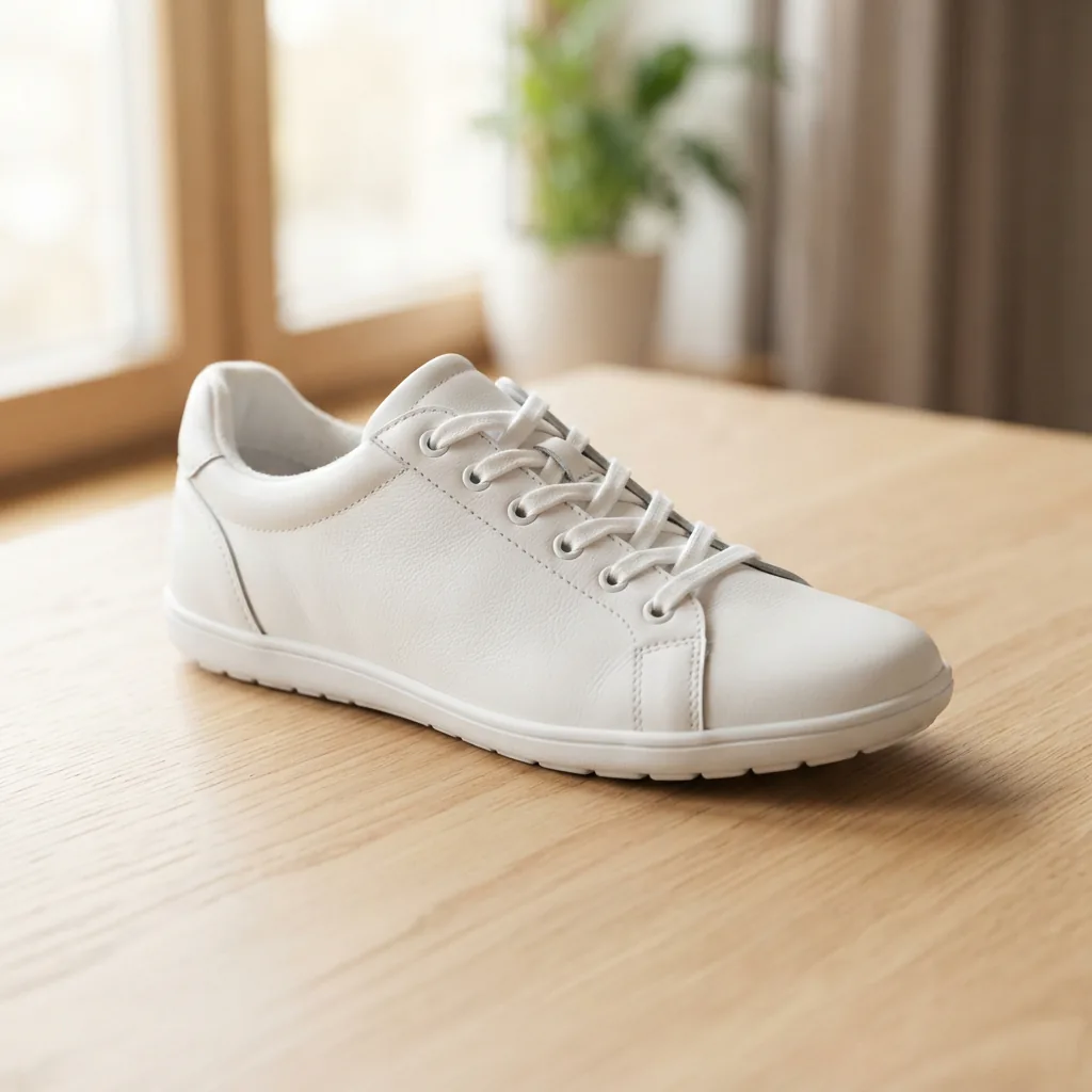 A women's white leather lace-up walking sneaker on a light wooden table