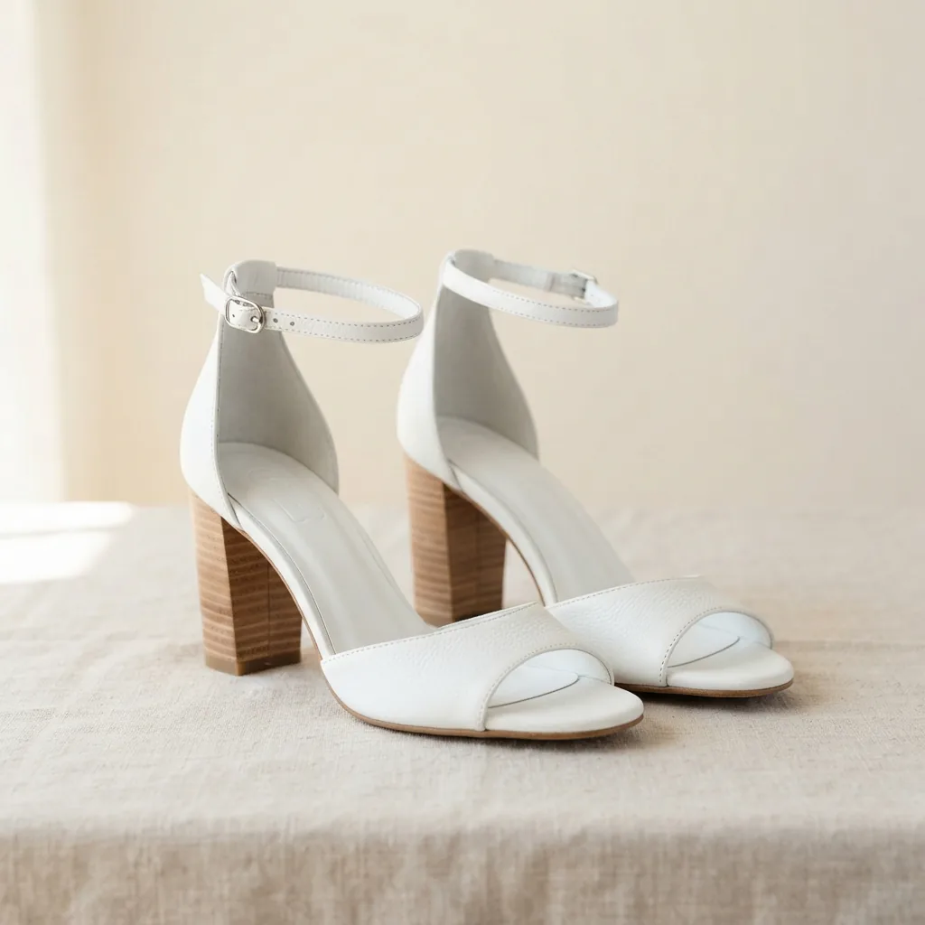 White Crown Vintage ankle-strap heels displayed on a light neutral surface