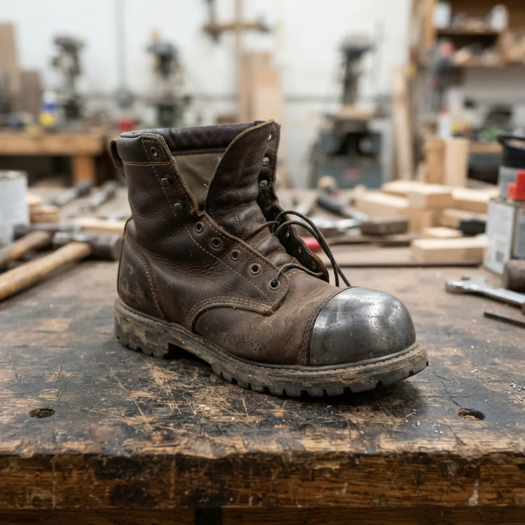 Steel toe cap visible inside an open work boot on a workbench