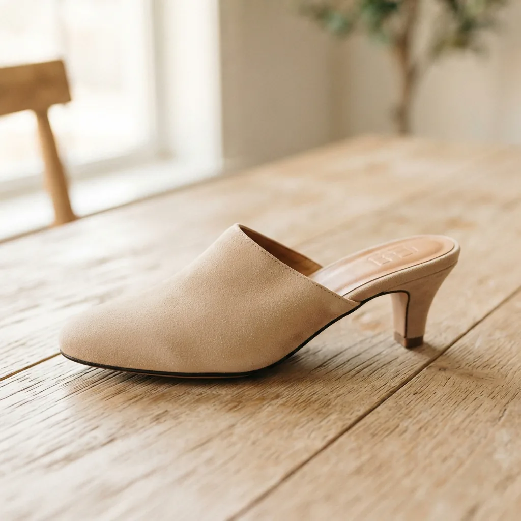 Bamboo kitten heel slip-on resting on a light wooden surface