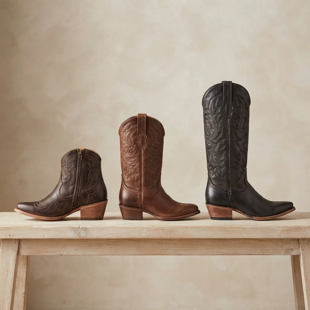 Three western boots in ankle, mid-calf and tall heights lined up on a wooden bench