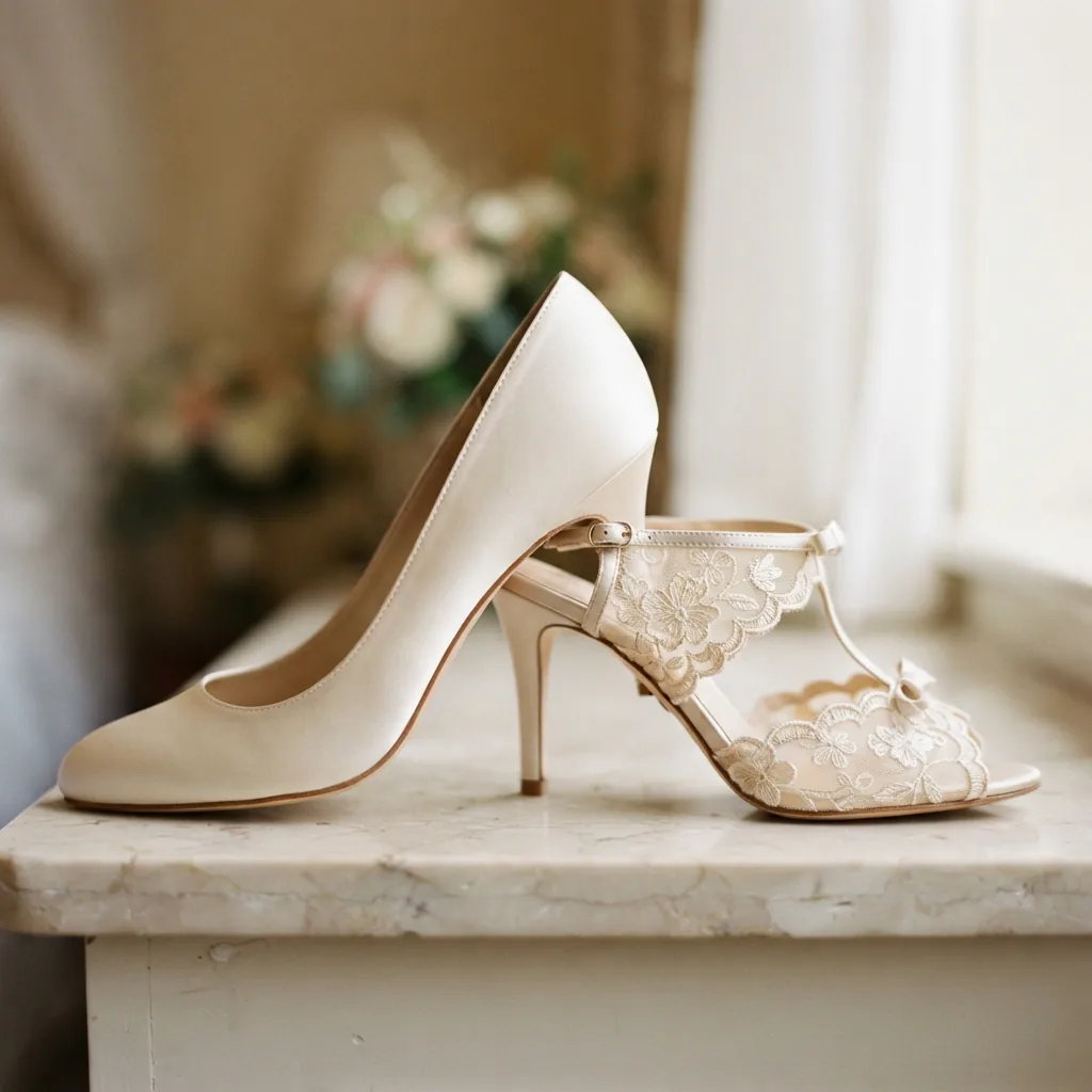 Close-up comparison of satin and lace wedding shoe finishes under soft window light