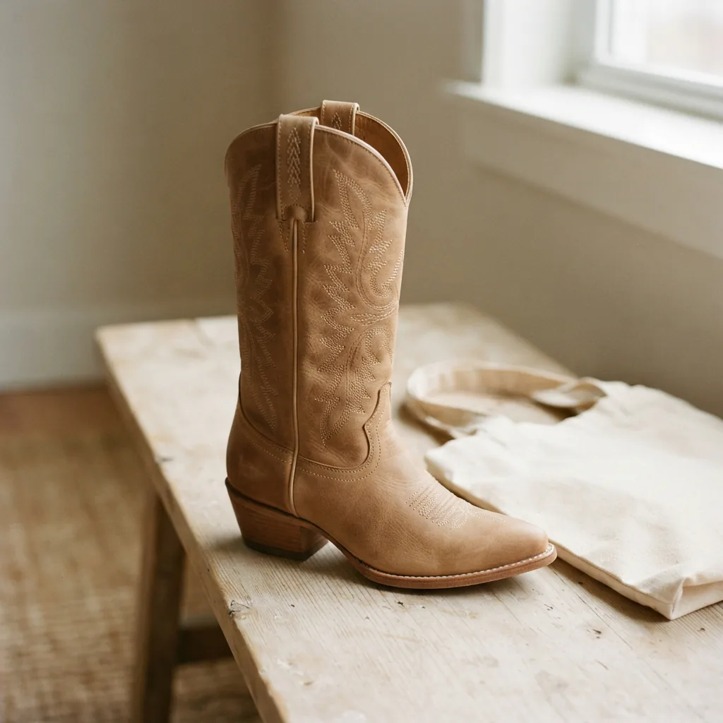 Light tan leather women's western cowboy boot on a pale bench near a canvas tote bag