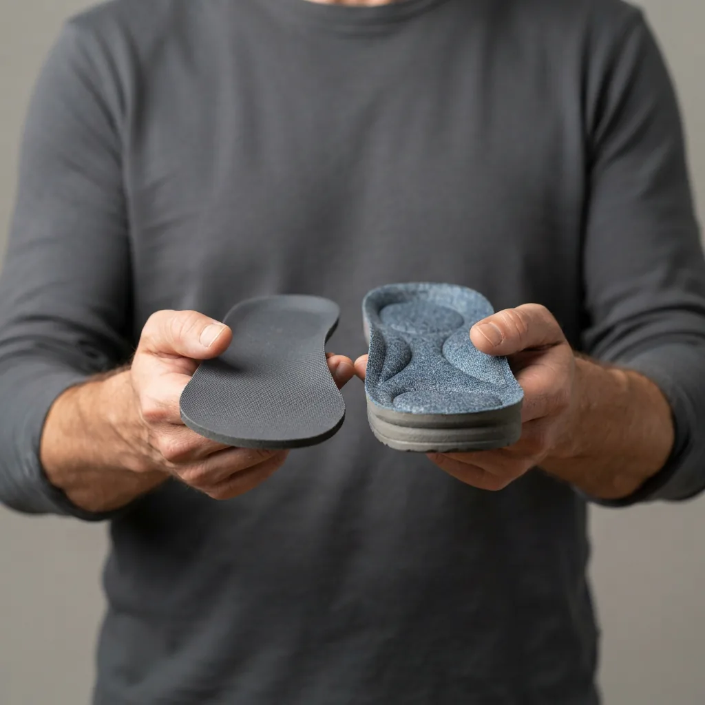 Two unbranded flat insoles held up side by side to show differing cushioning thickness