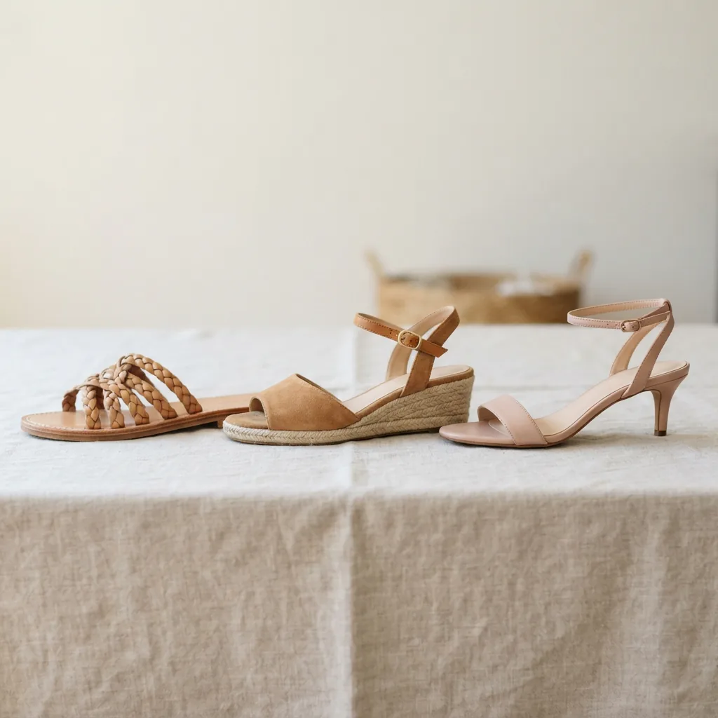 Flat sandal, low wedge and kitten heel sandal lined up side by side on a light surface