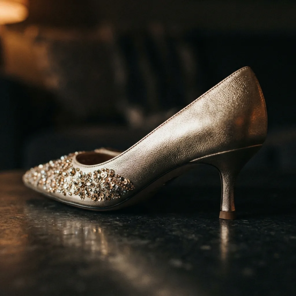 Embellished kitten heel on a dark surface under warm evening lighting
