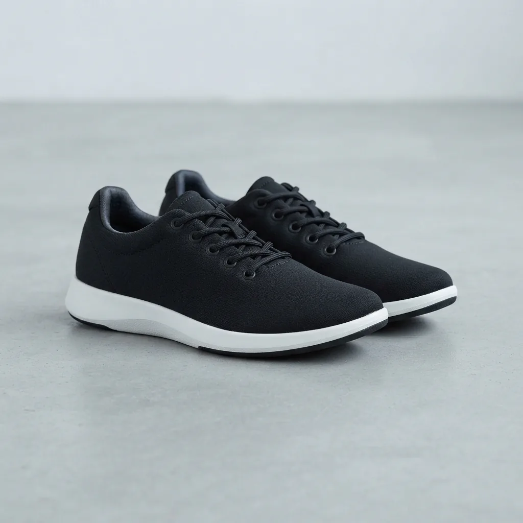 A sleek black lightweight women's walking shoe on a light grey floor