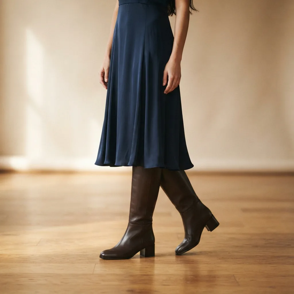 Evening outfit hemline above unbranded knee high boots on a warm studio floor