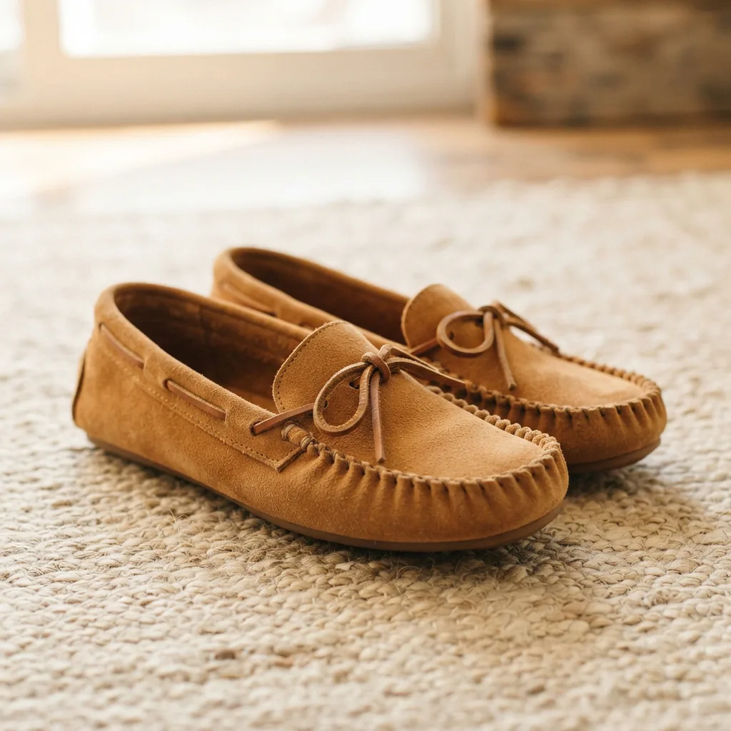 Single pair of women's moccasin loafers on a light woven surface