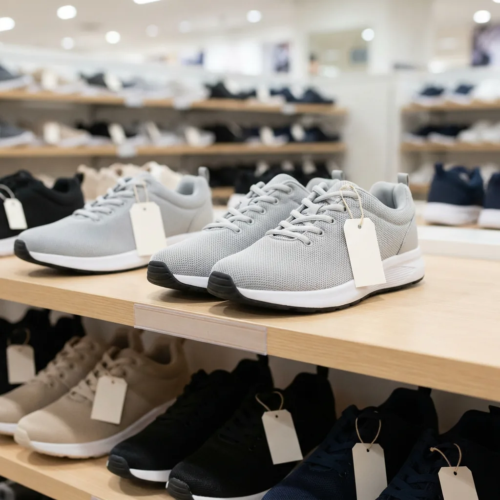 Walking sneakers lined on a retail shelf with small blank paper price tags