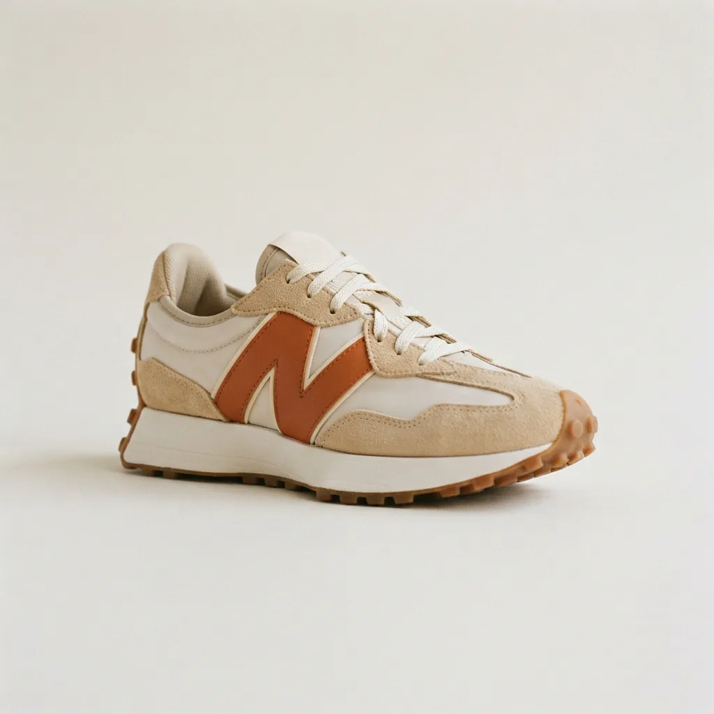 New Balance 327 women's sneaker with a retro suede upper and flared sole on a pale surface