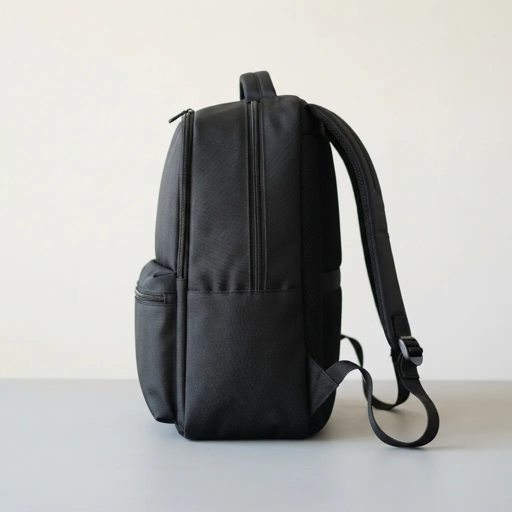 A classic black backpack with adjustable straps and a padded back panel on a light surface