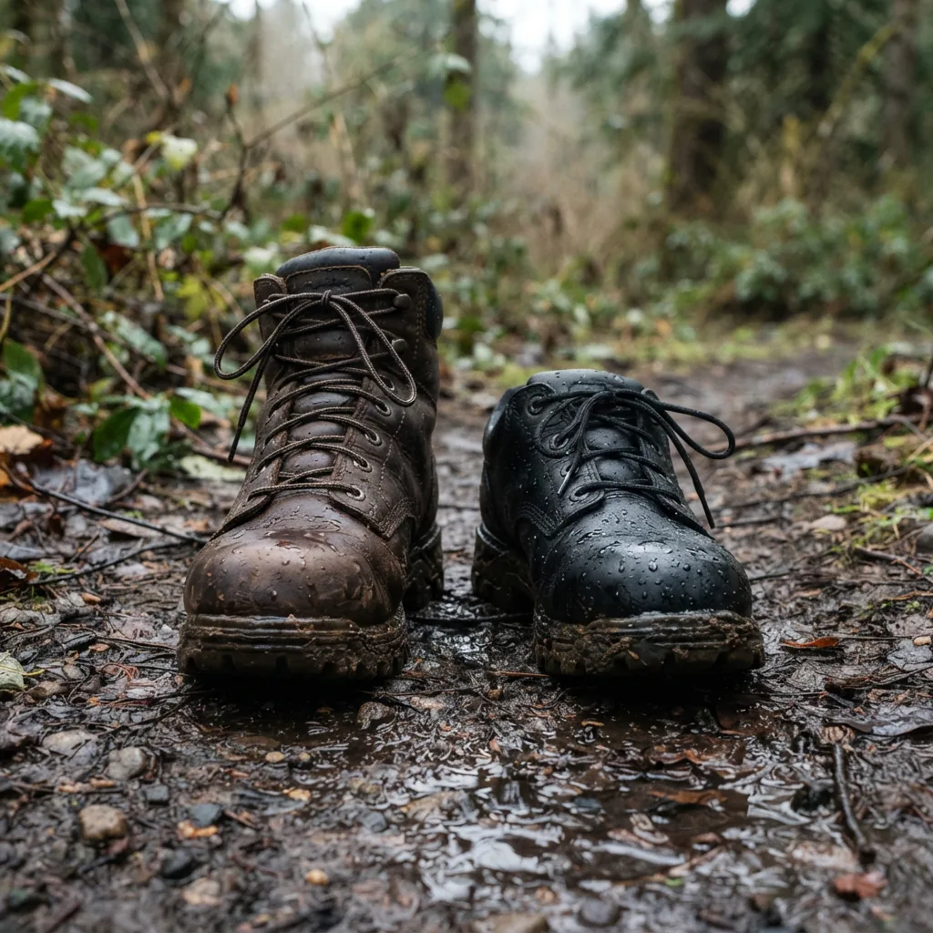 A mid-cut waterproof work boot beside a low-cut boot on wet ground.