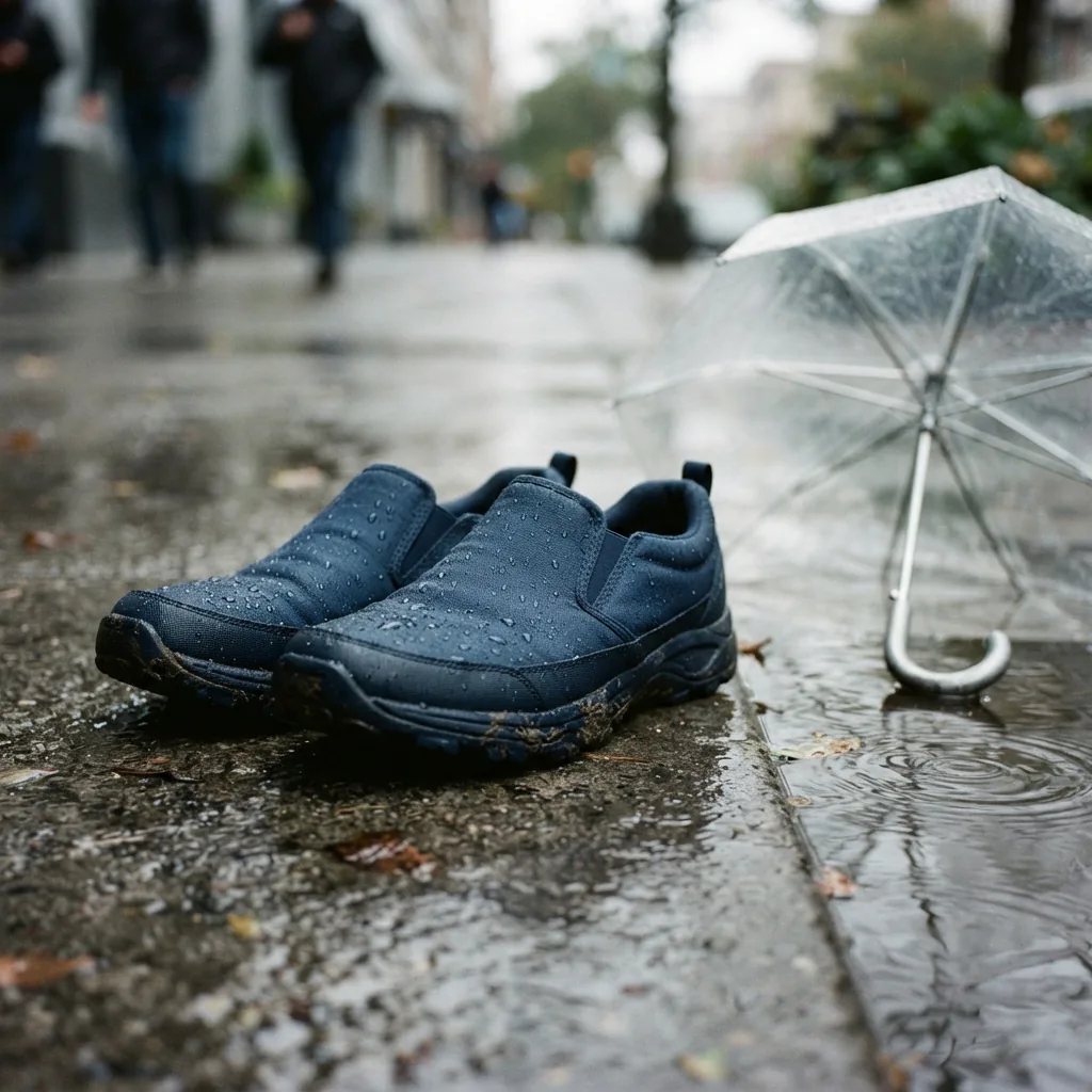 Water-resistant slip-on shoes on wet pavement beside a clear umbrella