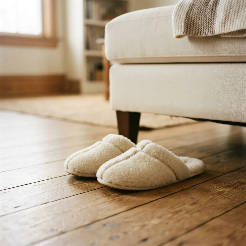 A pair of plush slippers resting on a cold wooden living-room floor near a sofa