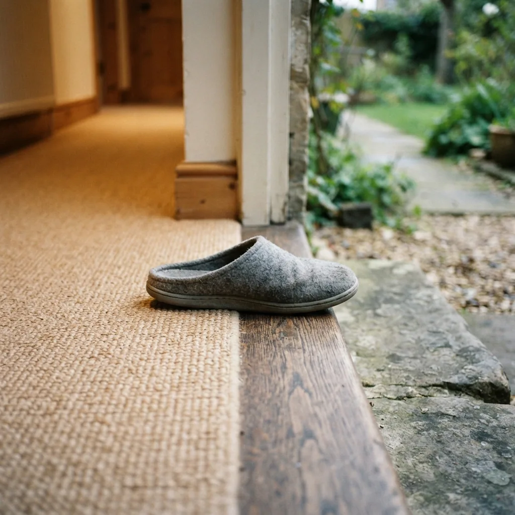 A single slipper resting on the threshold where indoor carpet meets an outdoor step