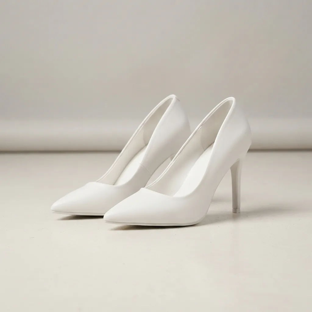 White Aldo Bahar pointed-toe heels standing on a light studio floor