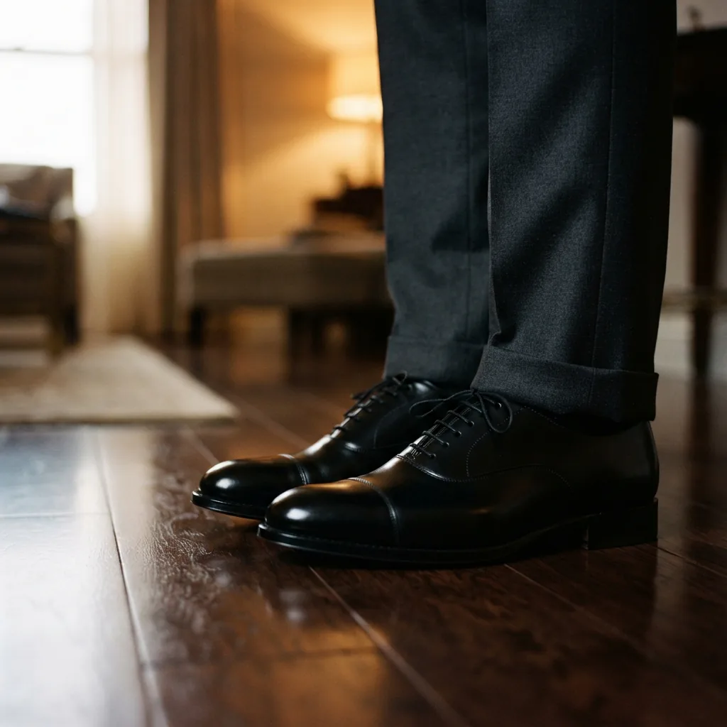 Black men's dress shoes placed beside the hem of dark formal trousers on a wooden floor.