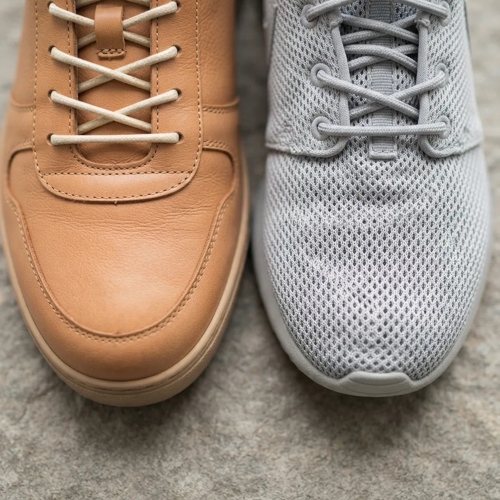 Close-up comparison of a smooth leather sneaker upper and a breathable mesh sneaker upper
