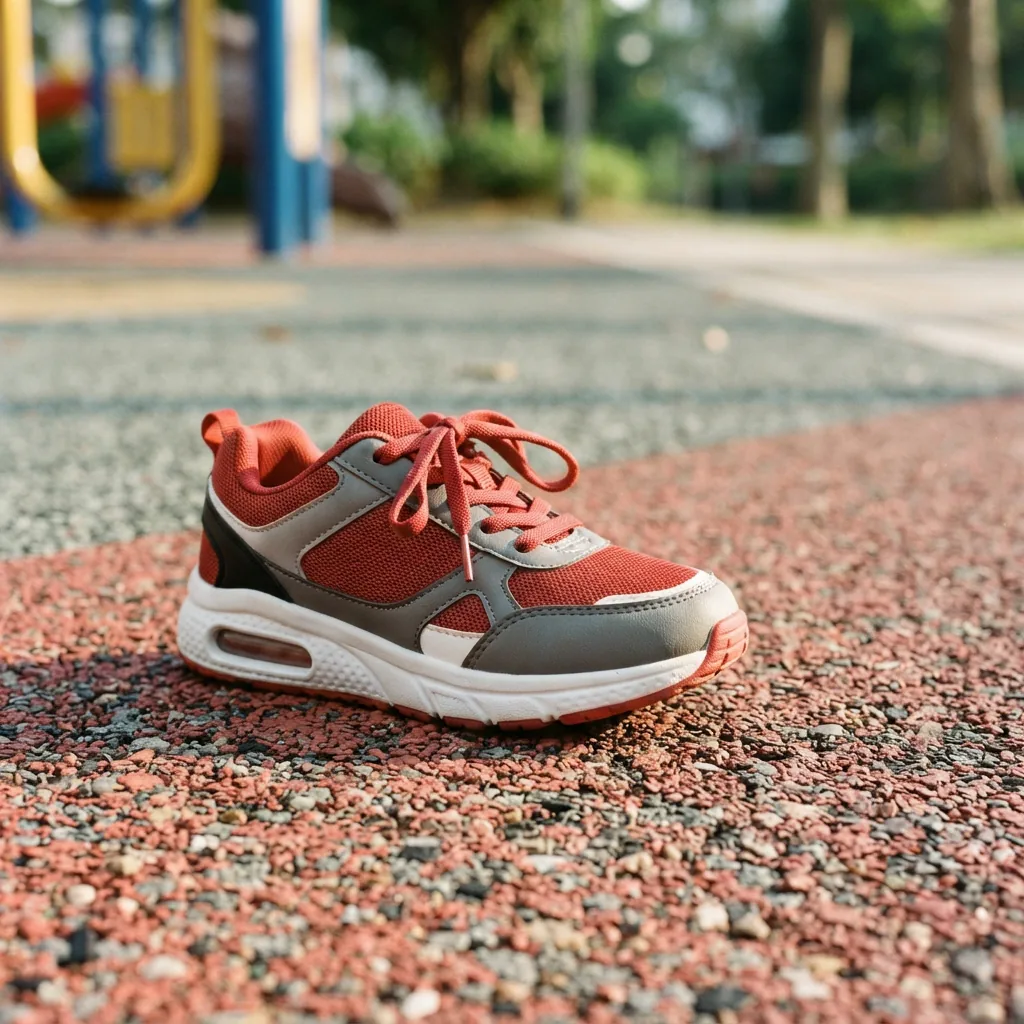 A children's cushioned sneaker resting on rubber playground surfacing in soft afternoon sun