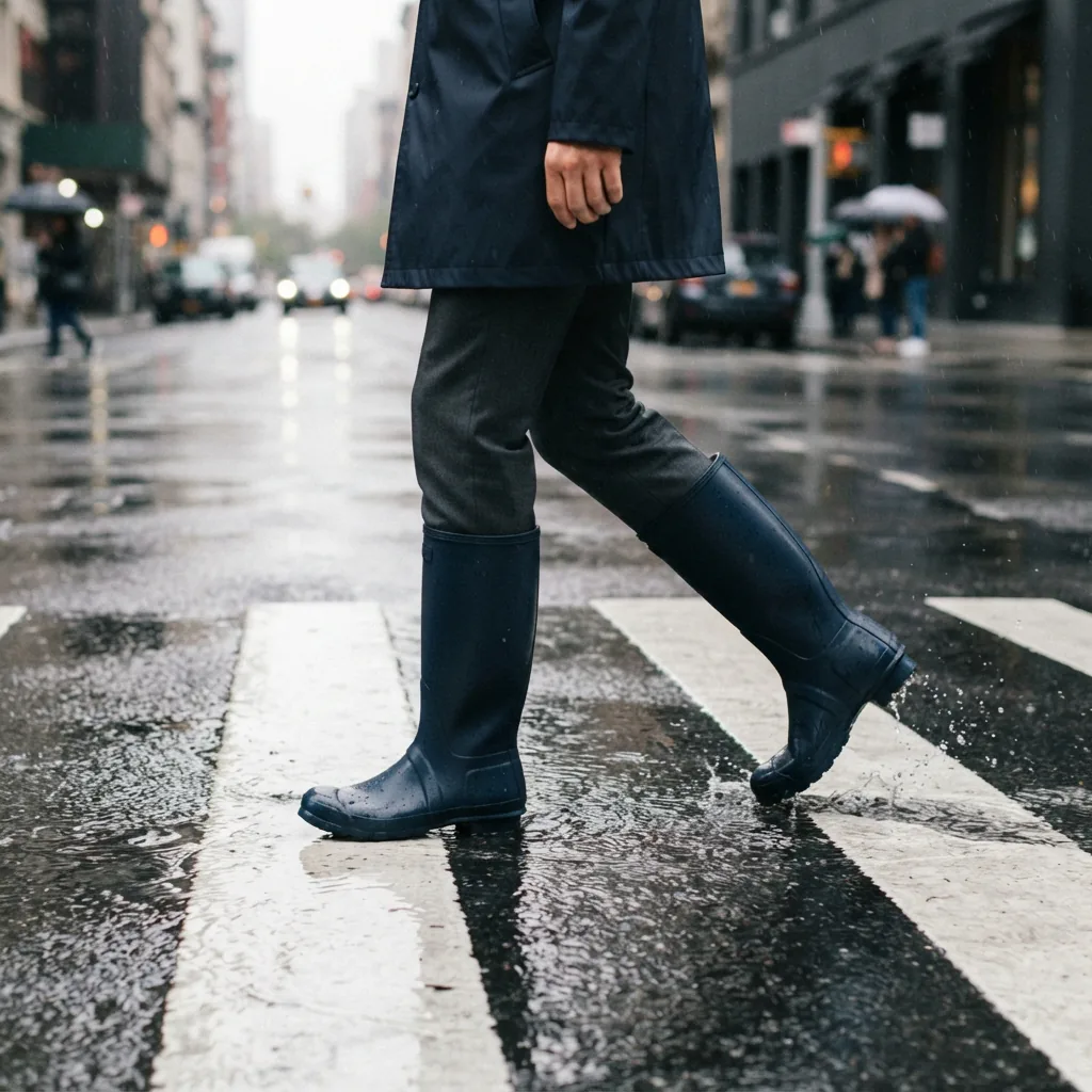 Cuffed trousers and rain boots walking across a rainy crosswalk