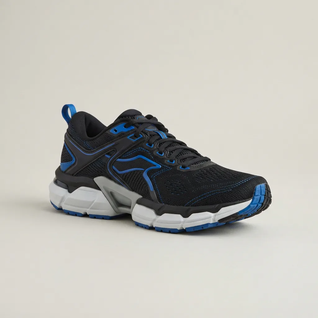 Men's black and blue supportive running shoe with a structured midsole on a light background