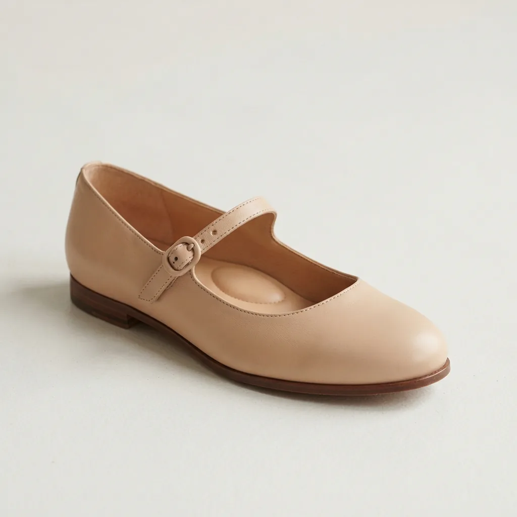 Mia Miya Mary Jane flat in a classic neutral shade with a single strap on a light studio surface