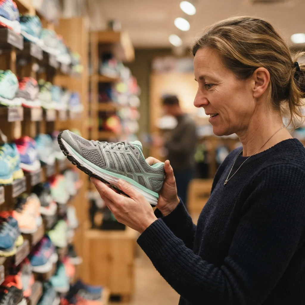 One adult holding an unbranded running shoe beside a display shelf of shoes