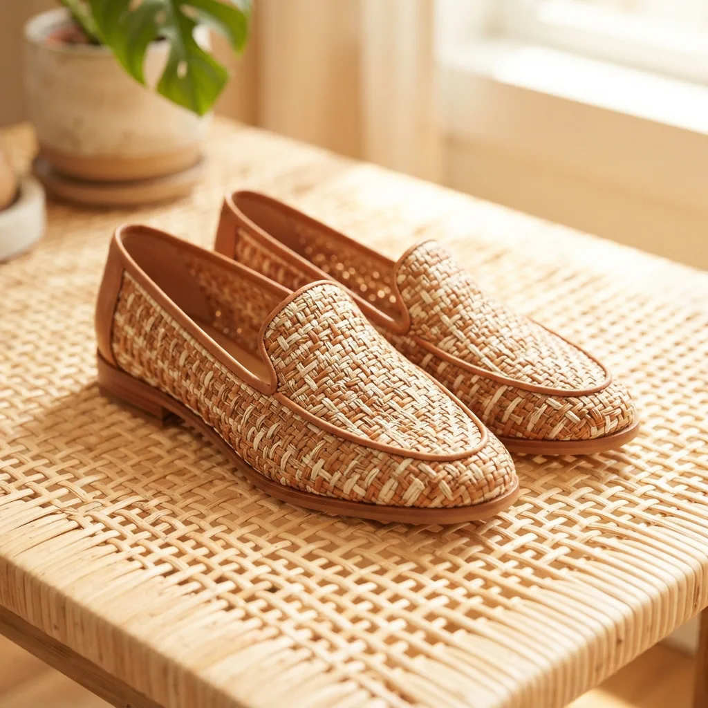 Intricately woven loafers on a pale rattan surface in bright summer daylight