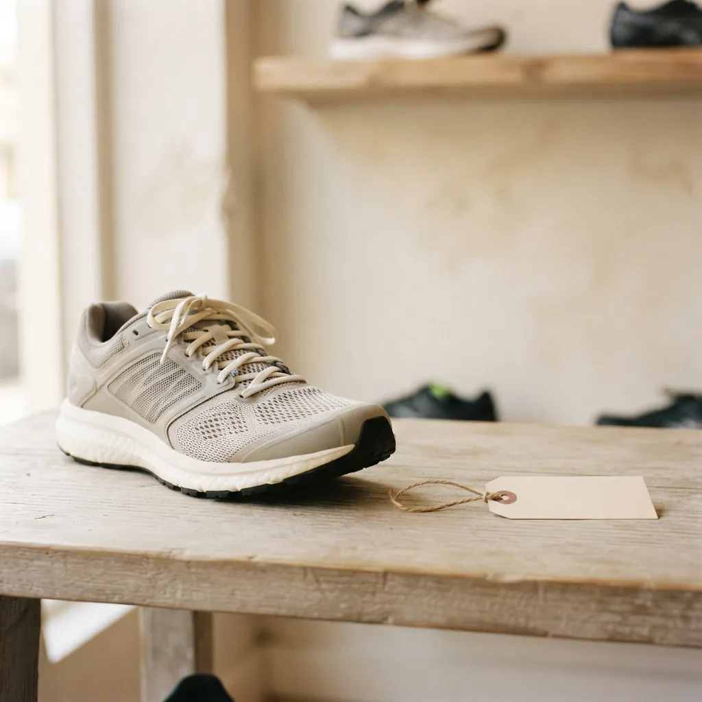 An unbranded running shoe on a light shelf beside a blank paper hang tag