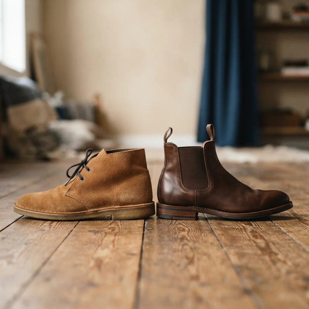 Men's chukka and Chelsea boots side by side on a warm wooden studio floor