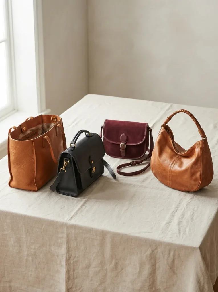 Assortment of handbags including an open tote, a satchel, a crossbody and a hobo bag arranged on a light neutral studio surface