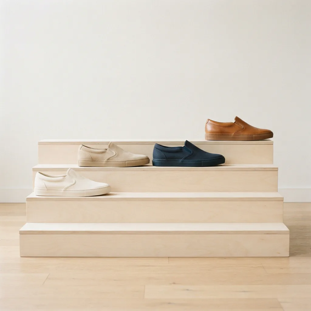 Four slip-on shoes arranged by tier on pale stepped risers in a studio