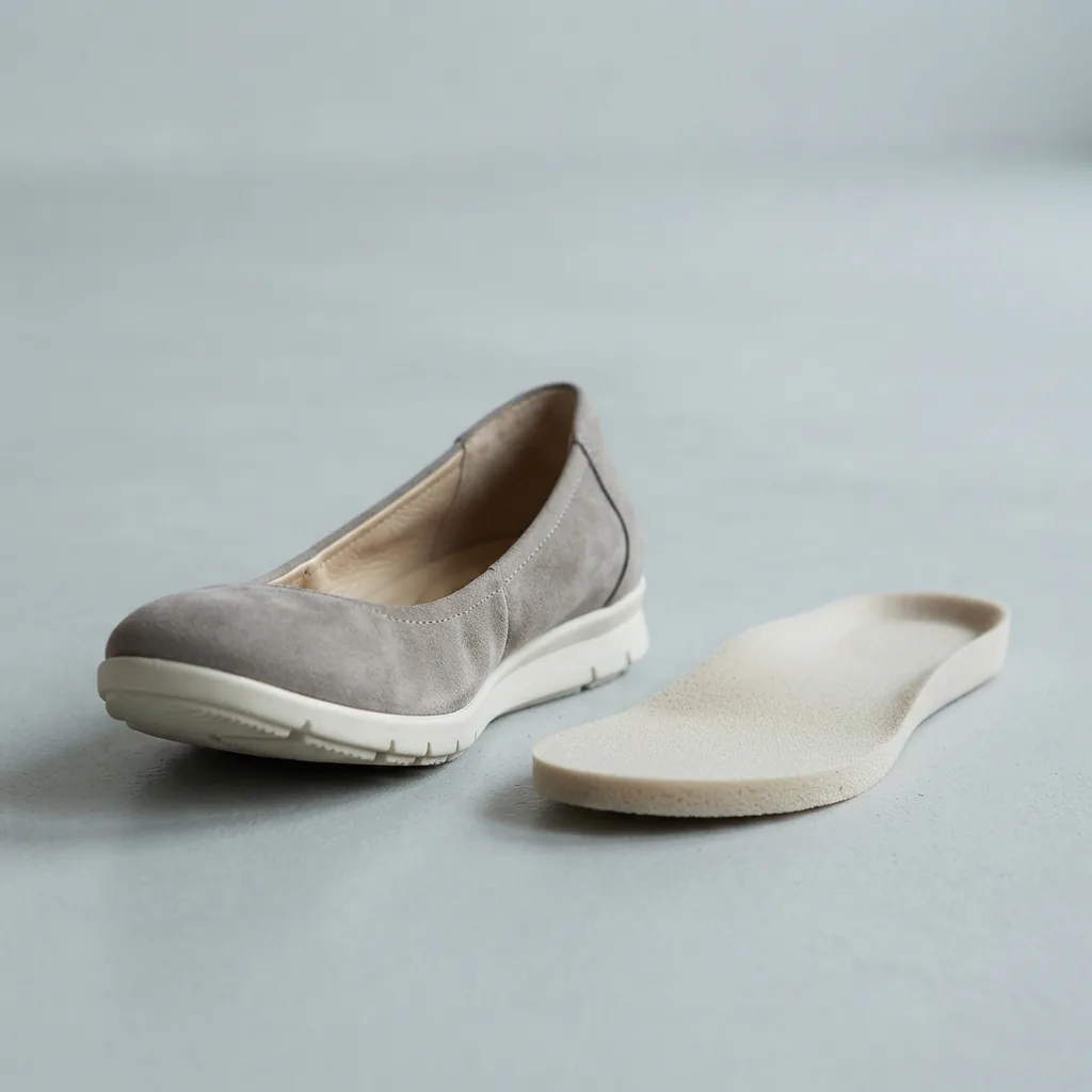 A ballet flat turned to show its sole beside a cushioned foam insole sample