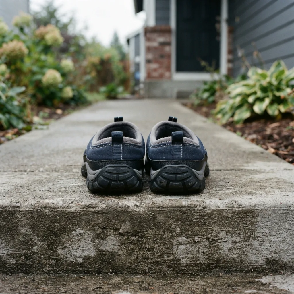 A pair of slippers with firm tread soles standing on a concrete front step