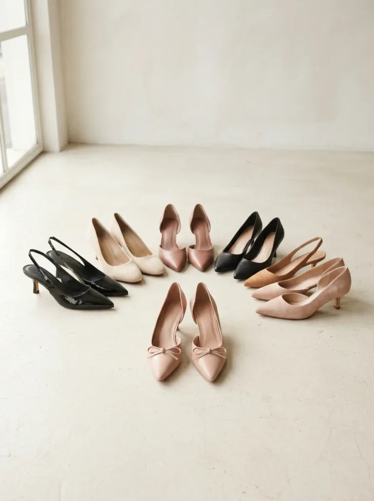 Several low kitten heel shoes arranged in a soft arc on a light studio floor