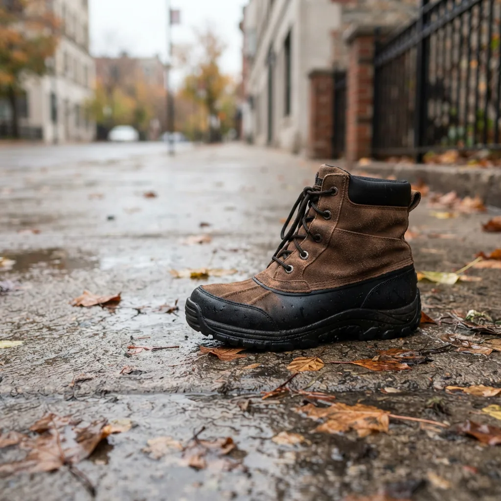 Short ankle winter boot on a wet city sidewalk scattered with leaves