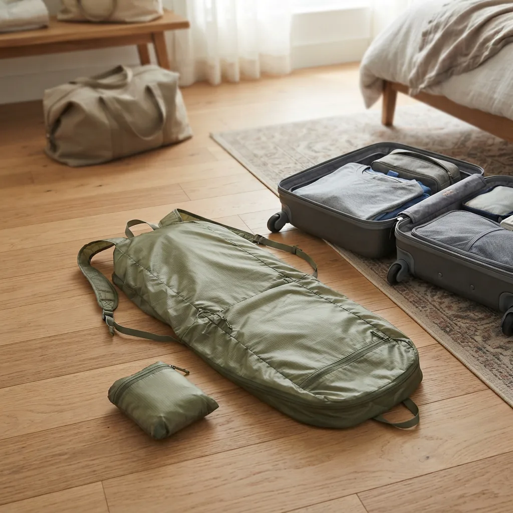 A lightweight foldable backpack laid flat beside a suitcase on a bedroom floor