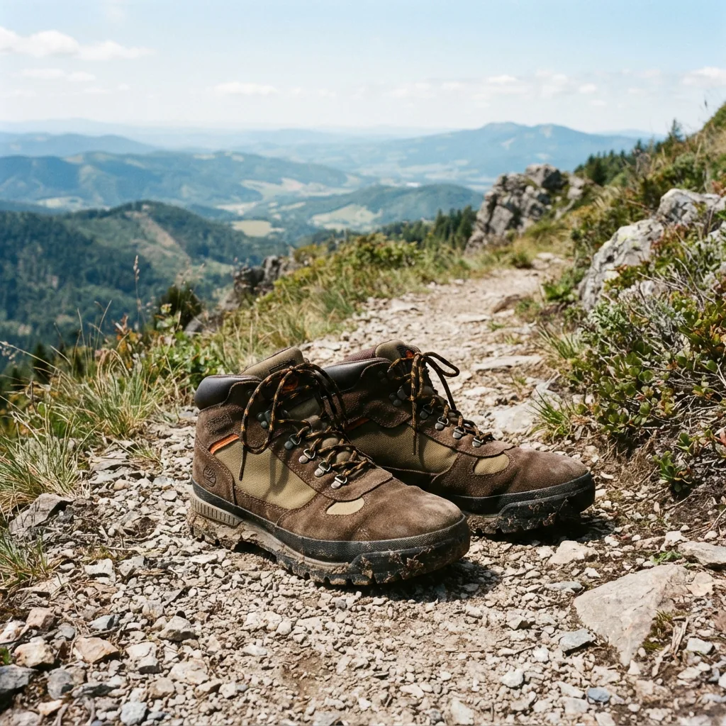 Timberland Field Trekker men's hiking boots on a gravel overlook path