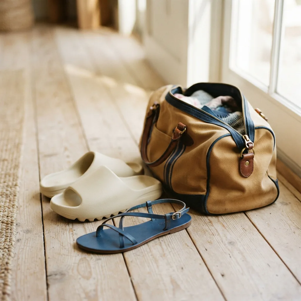 Foam slide and flat sandal beside a small travel bag on pale wood